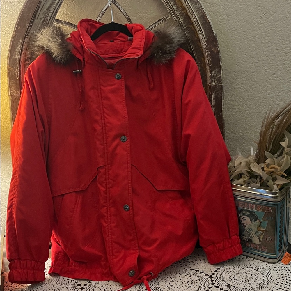 Women's Red Hooded Ski Jacket with Fur Trim,  Towne from London Fog,Size Large